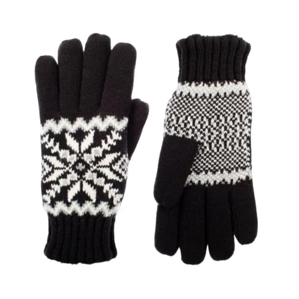 NWT Isotoner Adult Snowflake Knit Gloves One Size Black NEW